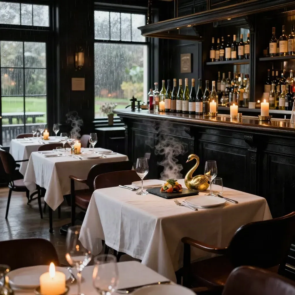 Sfeervol restaurantinterieur met bar, gedekte tafels, kaarslicht en brass accenten bij avondregen.