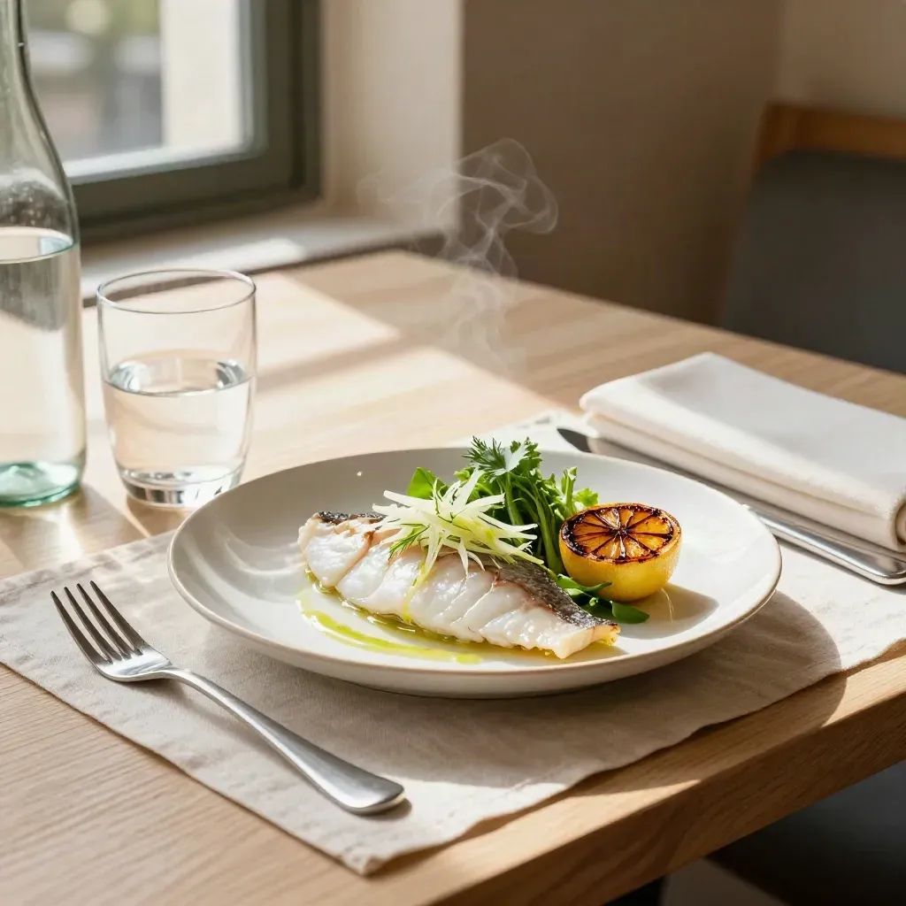 Lichtgevulde seizoenslunch met witte vis, venkel, kruiden, citroen en waterglas op linnen