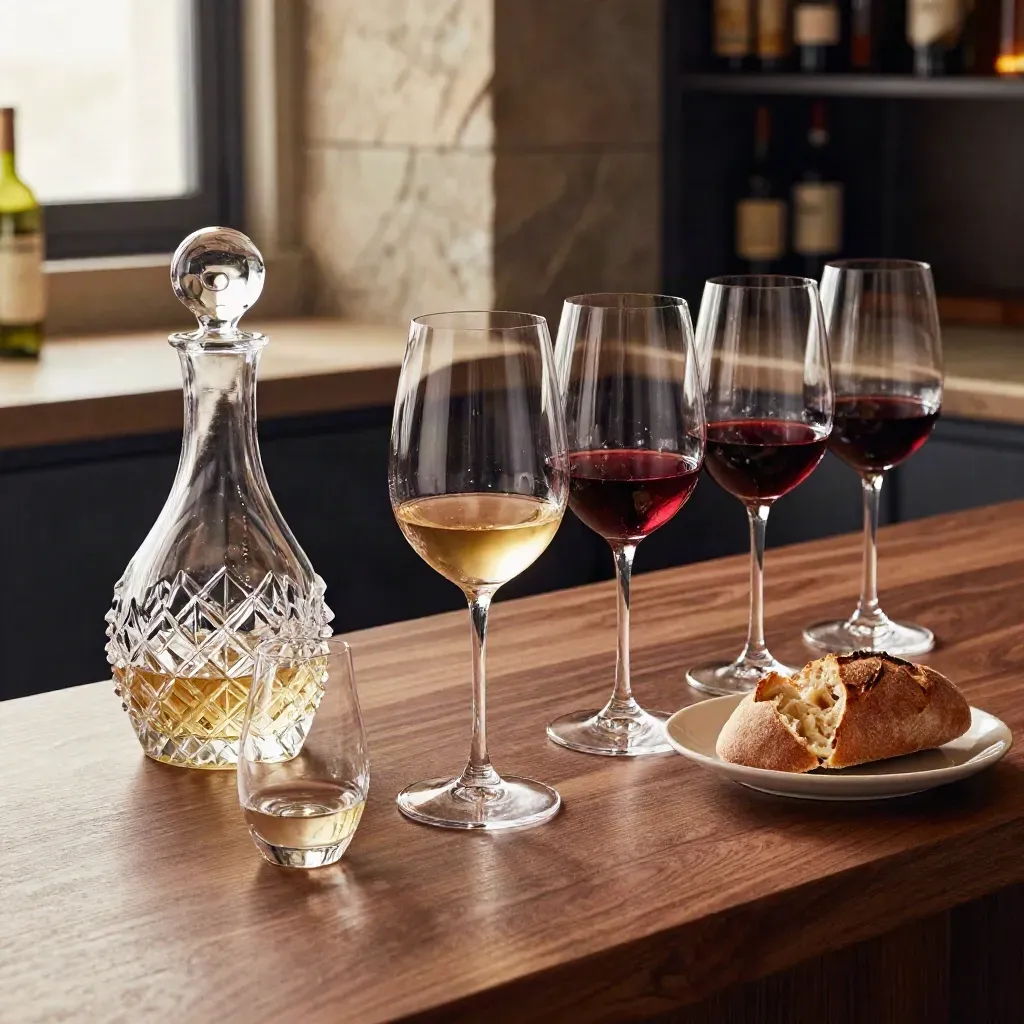 Vier wijnglazen, decanter en proefkaraf op walnoothout met broodplateau in warme kelnersfeer.