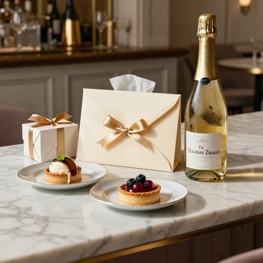 Cadeaubon in envelop met lint, dessertbordjes en gekoelde fles op een marmeren sidetable.