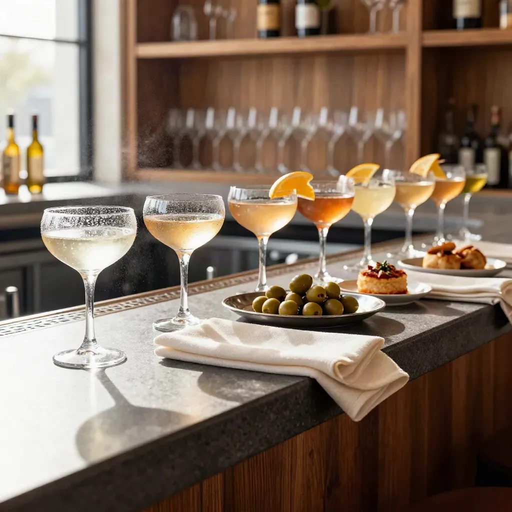 Cocktails, bites en glazen aan een bar met ijsnevel en citruslicht.