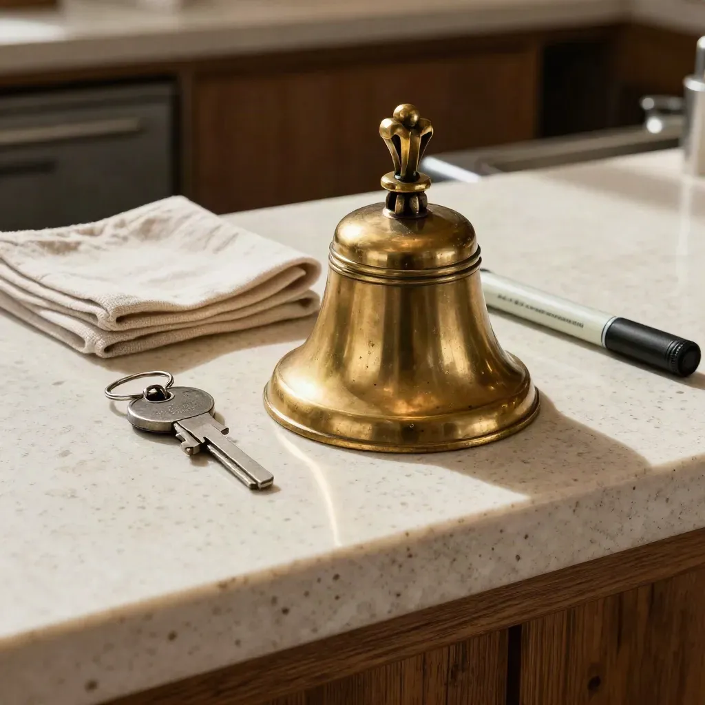 Brass hostbel, sleutelhanger en tafelmarker op een travertijnen hoststand.