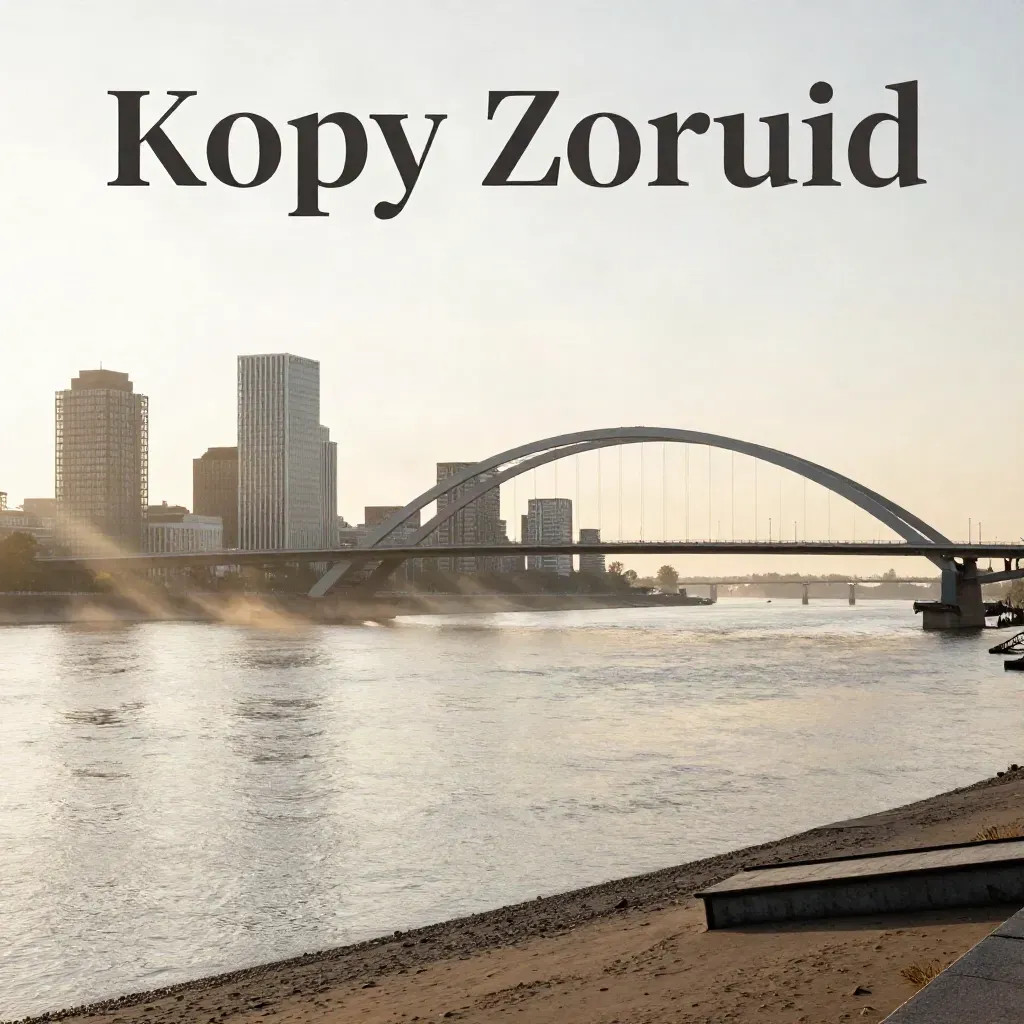 Rotterdamse skyline bij zonsopgang met de Erasmusbrug boven mistig Maaswater.