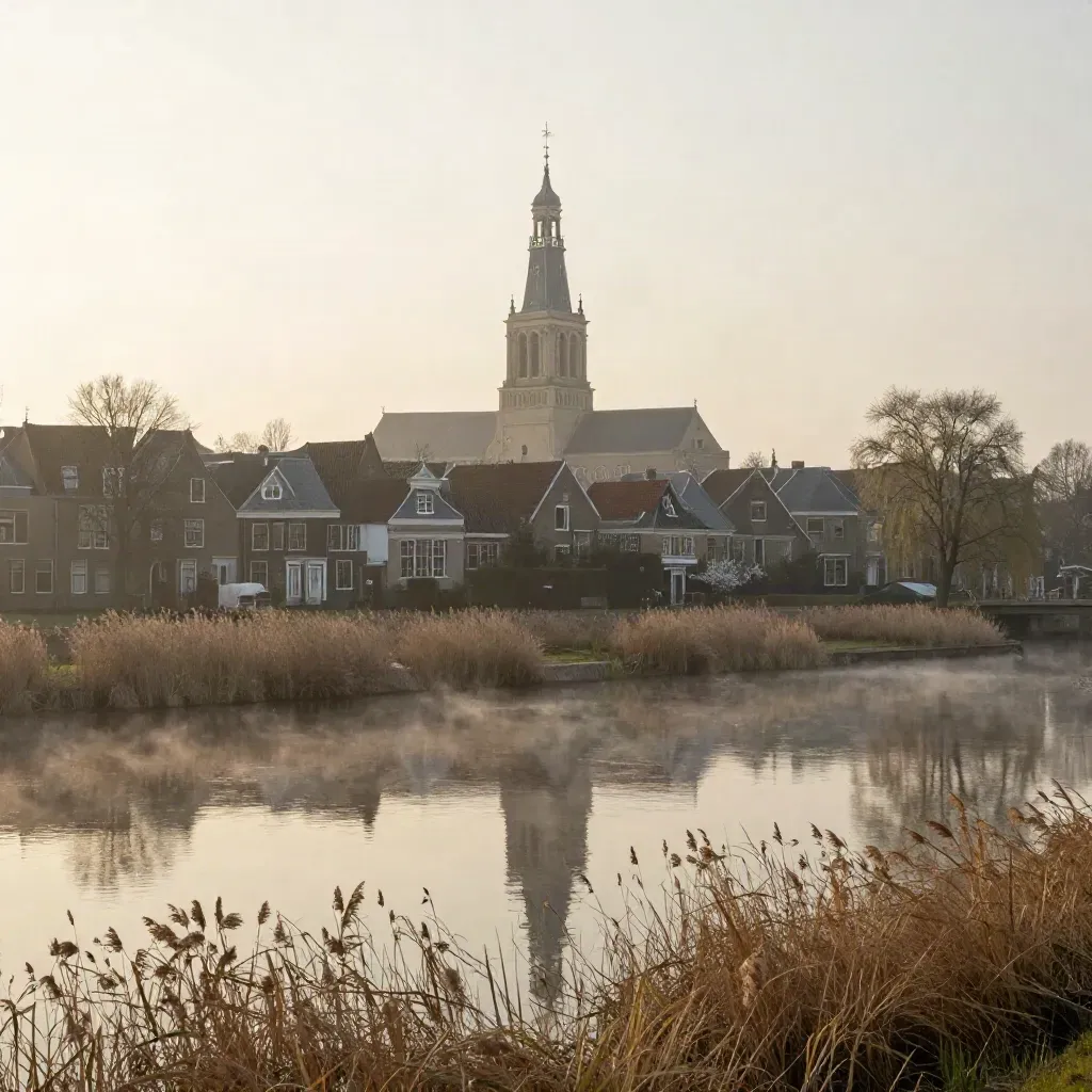 Delftse kerktorens boven een stille gracht met mist en weerspiegeling
